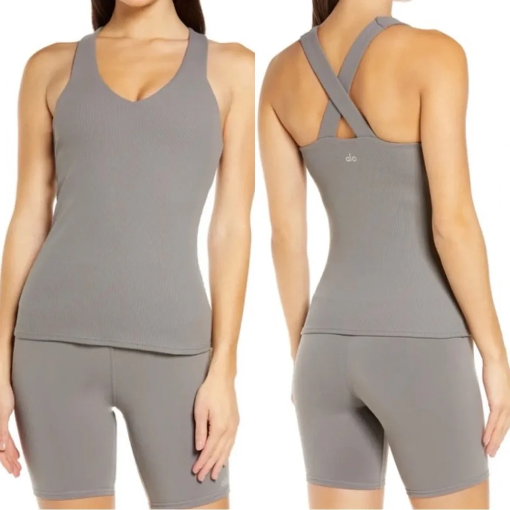 Alo Yoga Elevate Ribbed Crossover Tank Shadow Grey Size Small